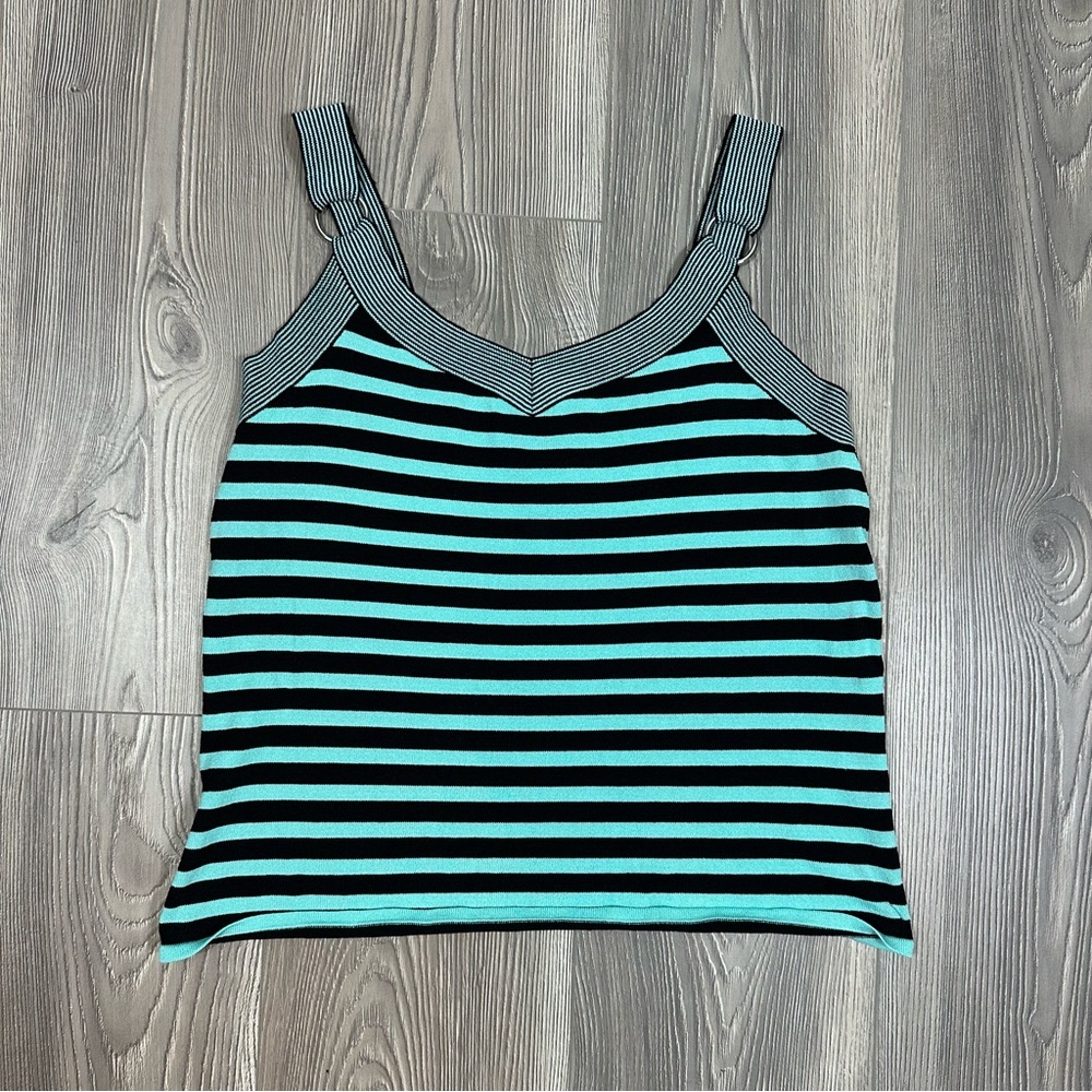 Kasper Aqua Black Striped Tank Top Silver Ring Straps Size‎ M
